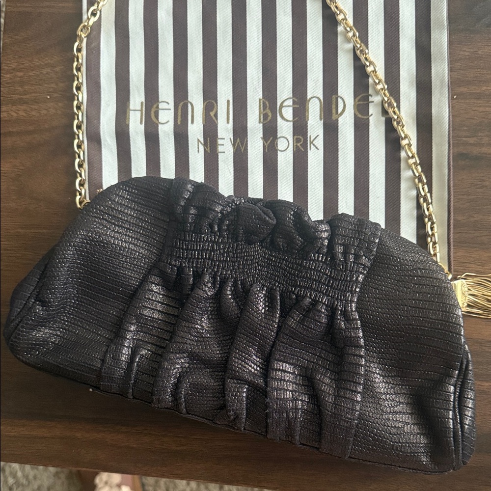 HENRI BENDEL Black Embossed Leather Ruched Bag Clutch With Gold Chain